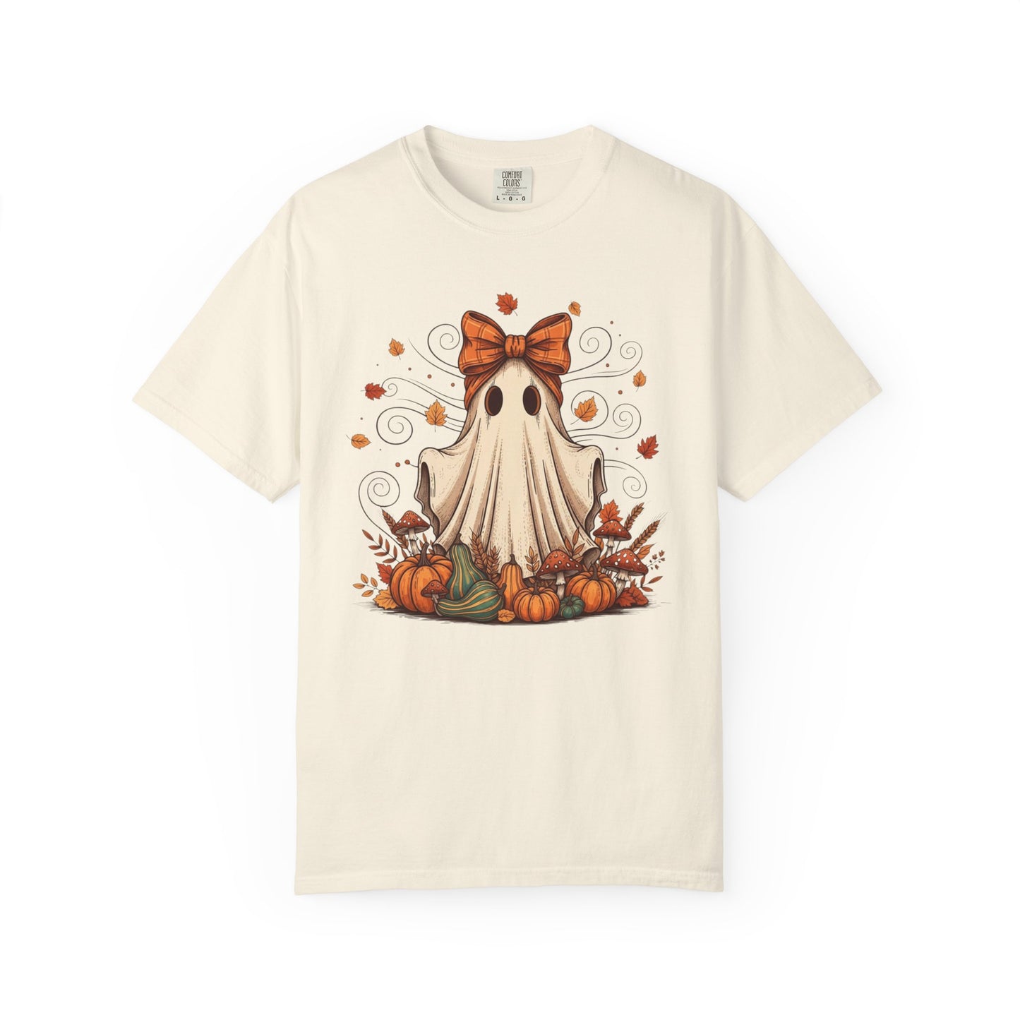 Whimsical Ghost with Coquette Bow Fall Crewneck T-Shirt, Perfect for Halloween, Cozy Fall Vibes, Festive Apparel