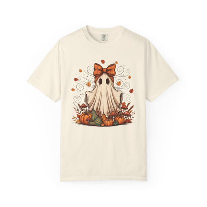 Whimsical Ghost with Coquette Bow Fall Crewneck T-Shirt, Perfect for Halloween, Cozy Fall Vibes, Festive Apparel