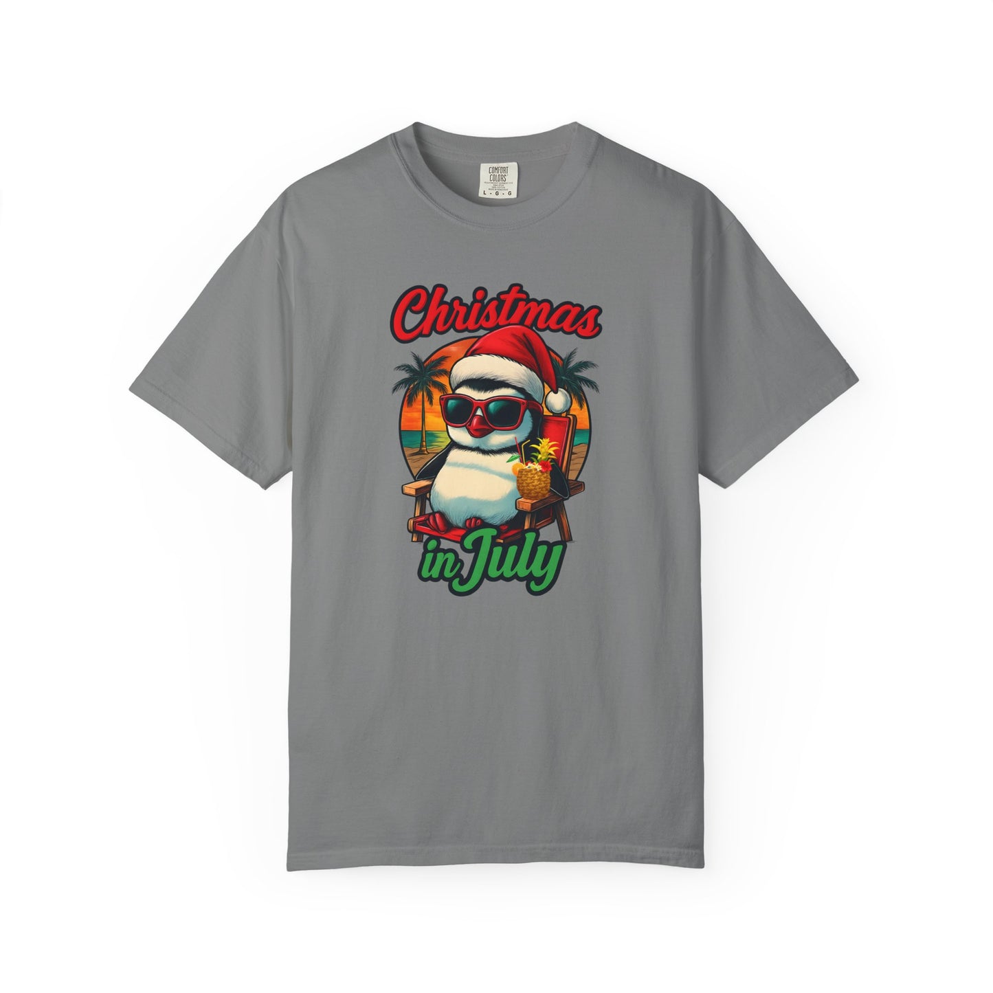 Christmas in July Penguin Design Comfort Colors T-shirt, Fun Summer Tee, Holiday Gift, Unisex Casual Wear, Tropical Christmas Shirt