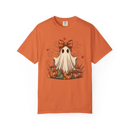 Whimsical Ghost with Coquette Bow Fall Crewneck T-Shirt, Perfect for Halloween, Cozy Fall Vibes, Festive Apparel