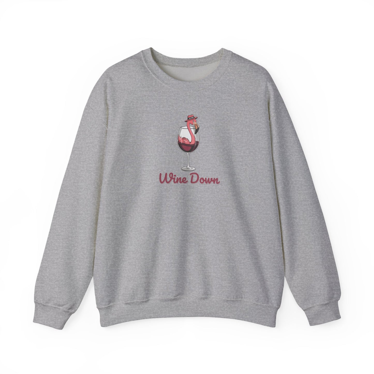 Wine Down Flamingo Graphic Crewneck Sweatshirt - Cozy Gift for Wine Lovers, Beach Vibes, Summer Parties, Relaxation Days, Cute Casual Wear