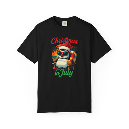 Christmas in July Penguin Design Comfort Colors T-shirt, Fun Summer Tee, Holiday Gift, Unisex Casual Wear, Tropical Christmas Shirt