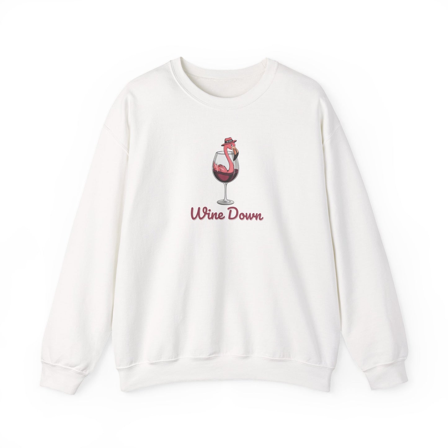 Wine Down Flamingo Graphic Crewneck Sweatshirt - Cozy Gift for Wine Lovers, Beach Vibes, Summer Parties, Relaxation Days, Cute Casual Wear