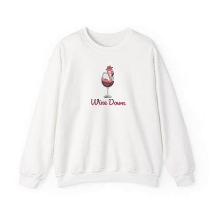Wine Down Flamingo Graphic Crewneck Sweatshirt - Cozy Gift for Wine Lovers, Beach Vibes, Summer Parties, Relaxation Days, Cute Casual Wear