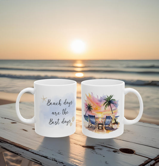 Tranquil Tropical Beach Sunset in a watercolor with the phrase, Beach days are the Best days Ceramic 11oz & 15oz Mug, Summer Vibes Coffee & Tea Cup, Beach Lover Gift, Relaxation Coffee & Tea Mug, Vacation Drinkware