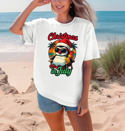 Christmas in July Penguin Design Comfort Colors T-shirt, Fun Summer Tee, Holiday Gift, Unisex Casual Wear, Tropical Christmas Shirt