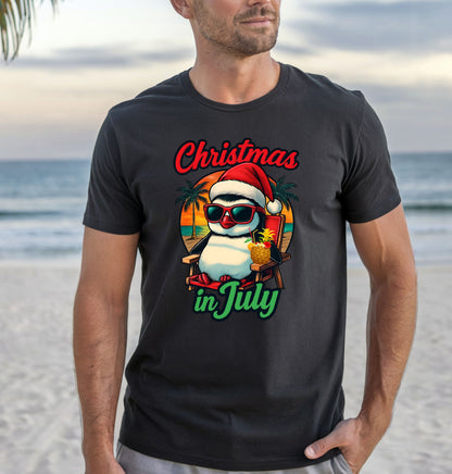 Christmas in July Penguin Design Comfort Colors T-shirt, Fun Summer Tee, Holiday Gift, Unisex Casual Wear, Tropical Christmas Shirt