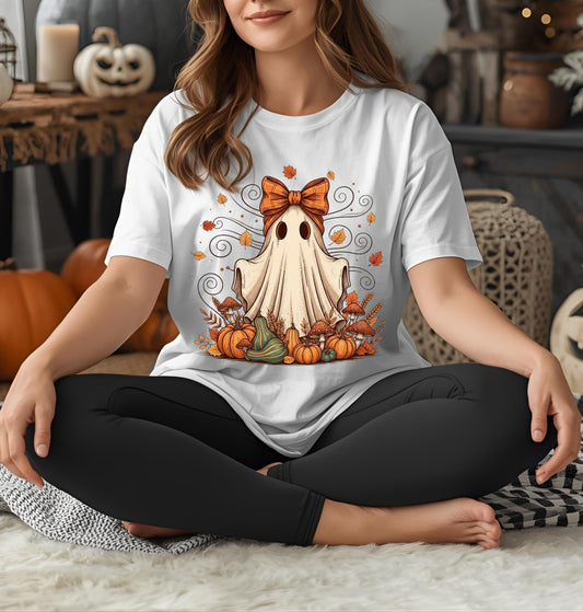 Whimsical Ghost with Coquette Bow Fall Crewneck T-Shirt, Perfect for Halloween, Cozy Fall Vibes, Festive Apparel