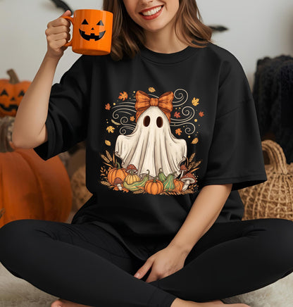 Whimsical Ghost with Coquette Bow Fall Crewneck T-Shirt, Perfect for Halloween, Cozy Fall Vibes, Festive Apparel