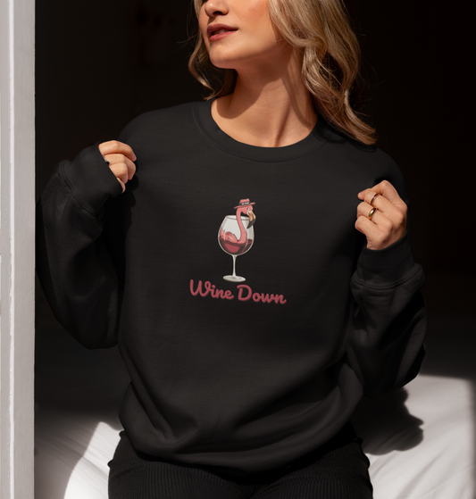 Wine Down Flamingo Graphic Crewneck Sweatshirt - Cozy Gift for Wine Lovers, Beach Vibes, Summer Parties, Relaxation Days, Cute Casual Wear