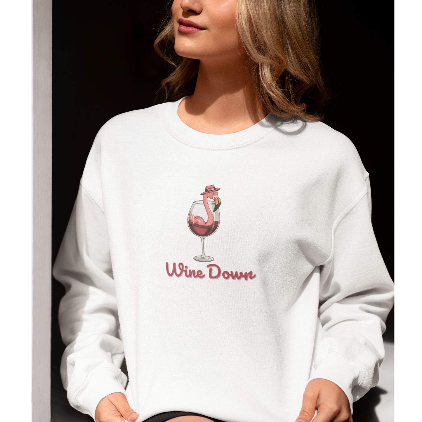 Wine Down Flamingo Graphic Crewneck Sweatshirt - Cozy Gift for Wine Lovers, Beach Vibes, Summer Parties, Relaxation Days, Cute Casual Wear