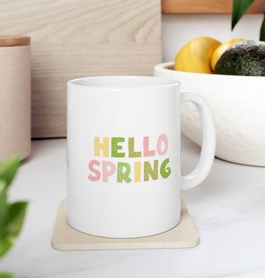 Hello Spring with Bunny Inspirational Ceramic Mug - Perfect Gift for Friends, Hello Spring Mug, Spring Season Mug, Spring Lover Mug