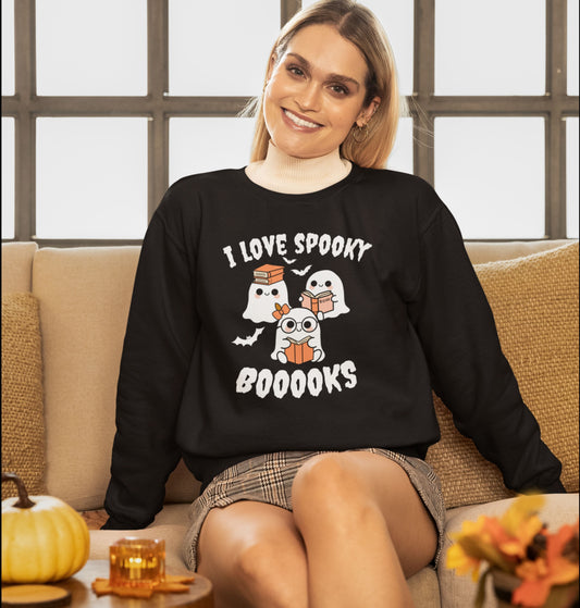 I love Spooky Booooks Ghost Sweatshirt, Cozy Halloween Crewneck, I Love Spooky Books, Fall Fashion, Unisex Gift Idea, Halloween Apparel