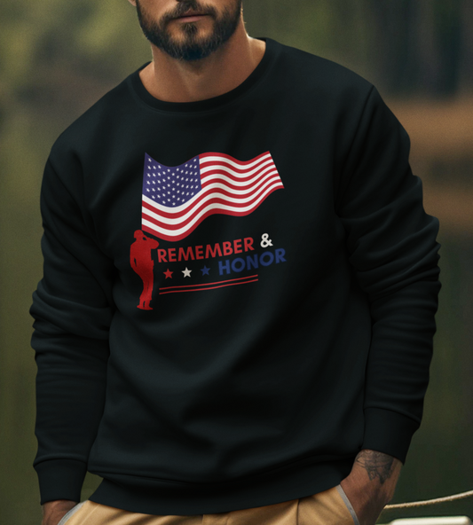 Patriotic Crewneck Sweatshirt for Veterans, Memorial Day Gift, Unisex Heavy Blend, Remember & Honor Shirt, Casual Comfort Wear