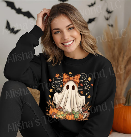 Whimsical Ghost with Coquette Bow Fall Crewneck Sweatshirt, Perfect for Halloween, Cozy Fall Vibes, Festive Apparel