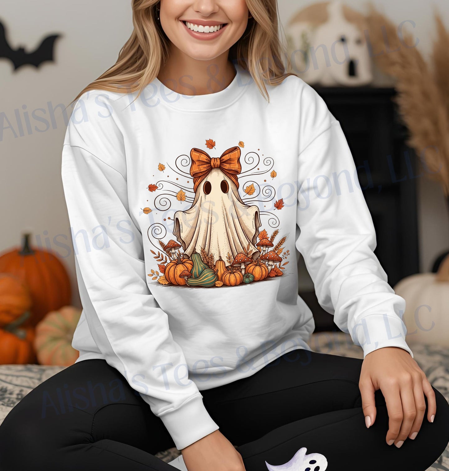 Whimsical Ghost with Coquette Bow Fall Crewneck Sweatshirt, Perfect for Halloween, Cozy Fall Vibes, Festive Apparel