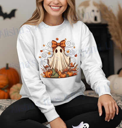 Whimsical Ghost with Coquette Bow Fall Crewneck Sweatshirt, Perfect for Halloween, Cozy Fall Vibes, Festive Apparel